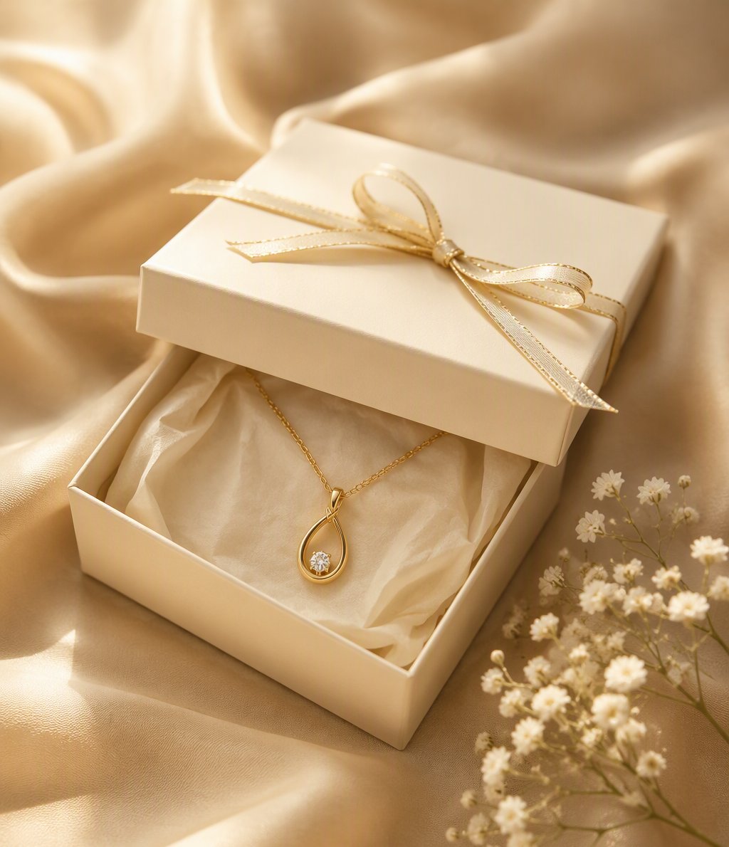 Cream gift box with gold necklace inside