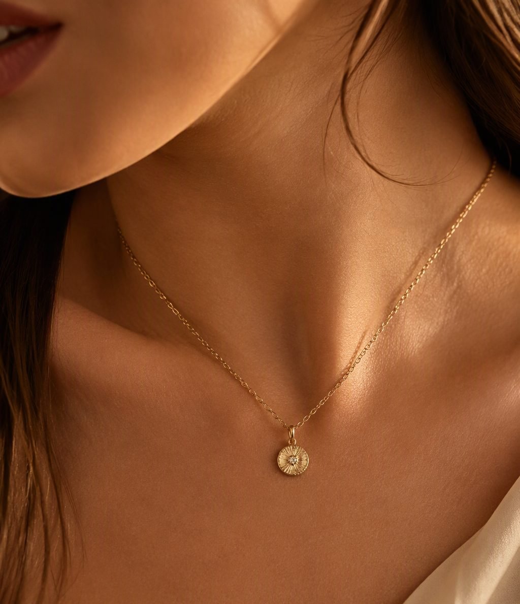 Gold pendant necklace on skin